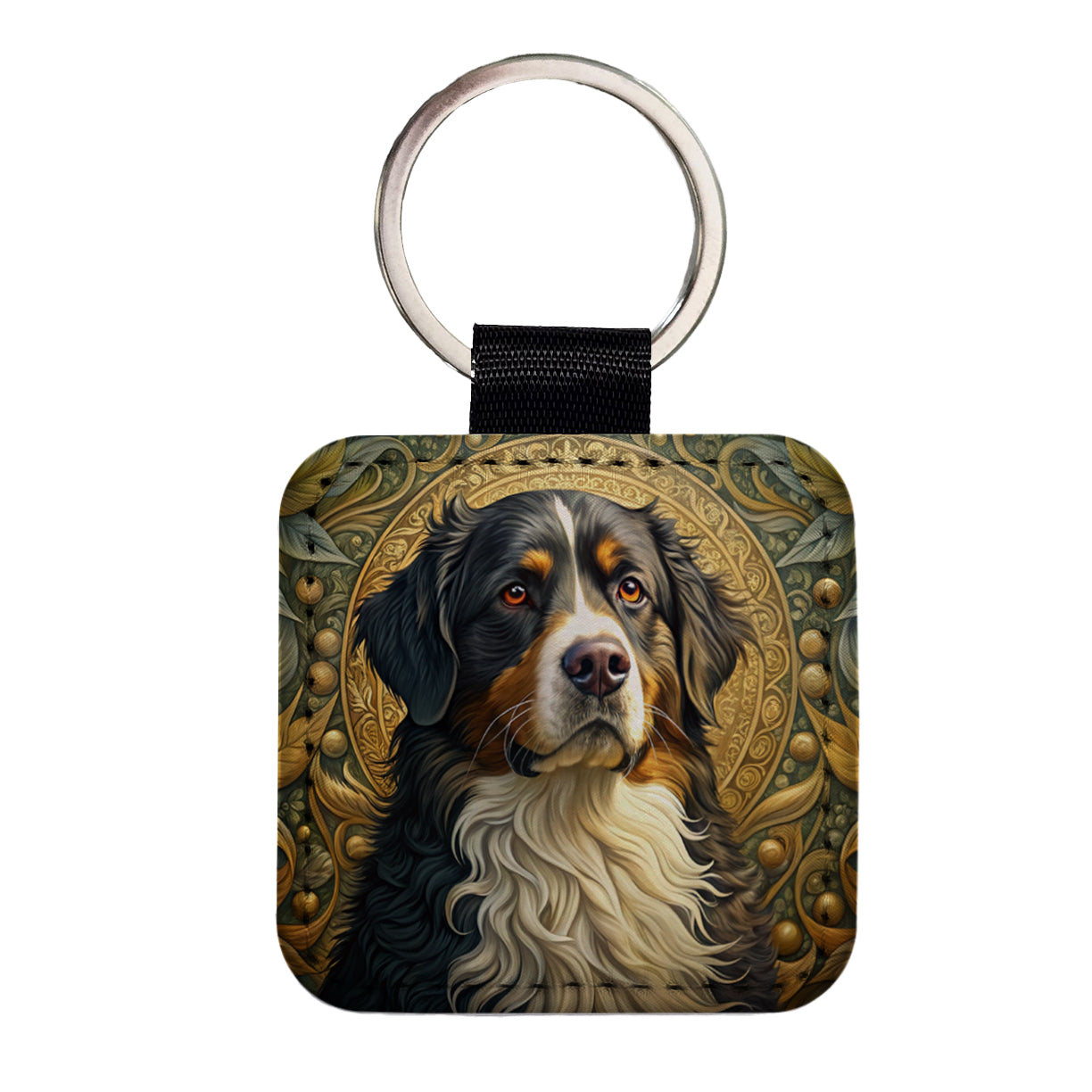 Bernese Mountain Dog Art Nouveau Square Faux Leather Keychain
