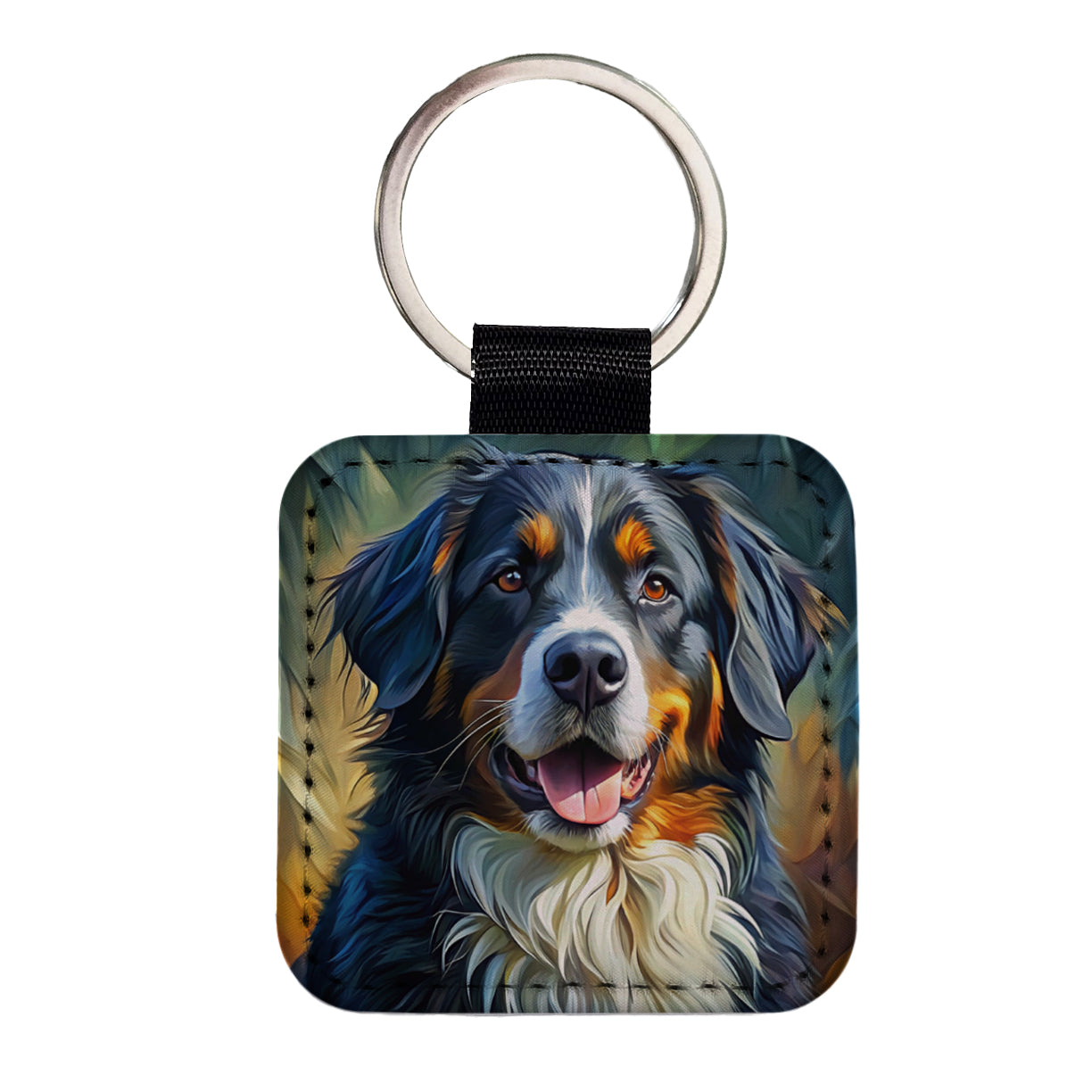 Bernese Mountain Dog Expressionism Art Square Faux Leather Keychain