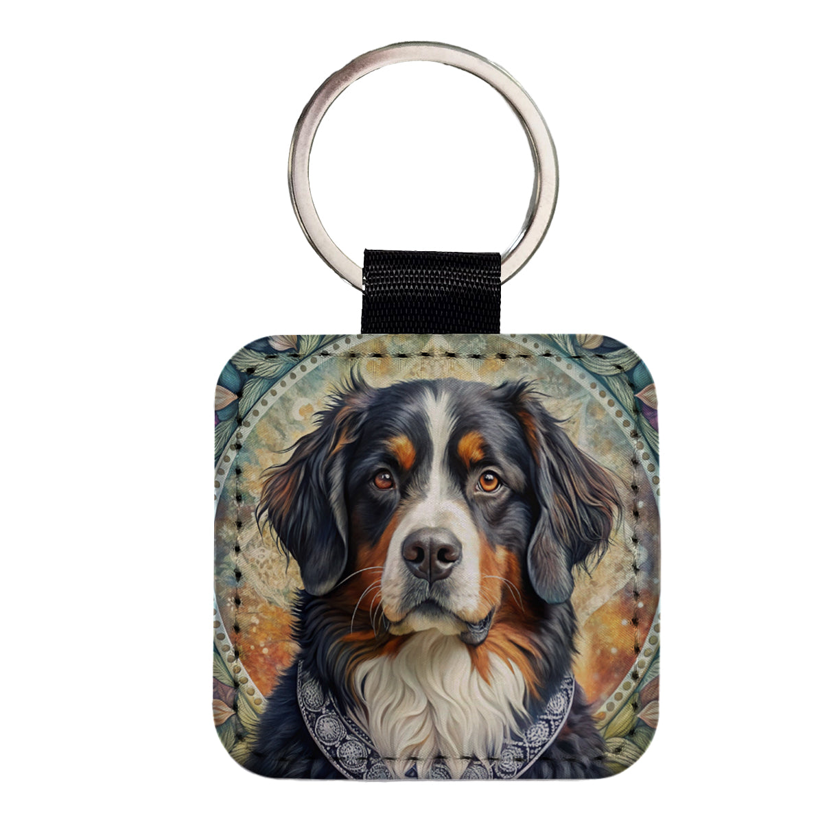 Bernese Mountain Dog French Bohemian Art Square Faux Leather Keychain