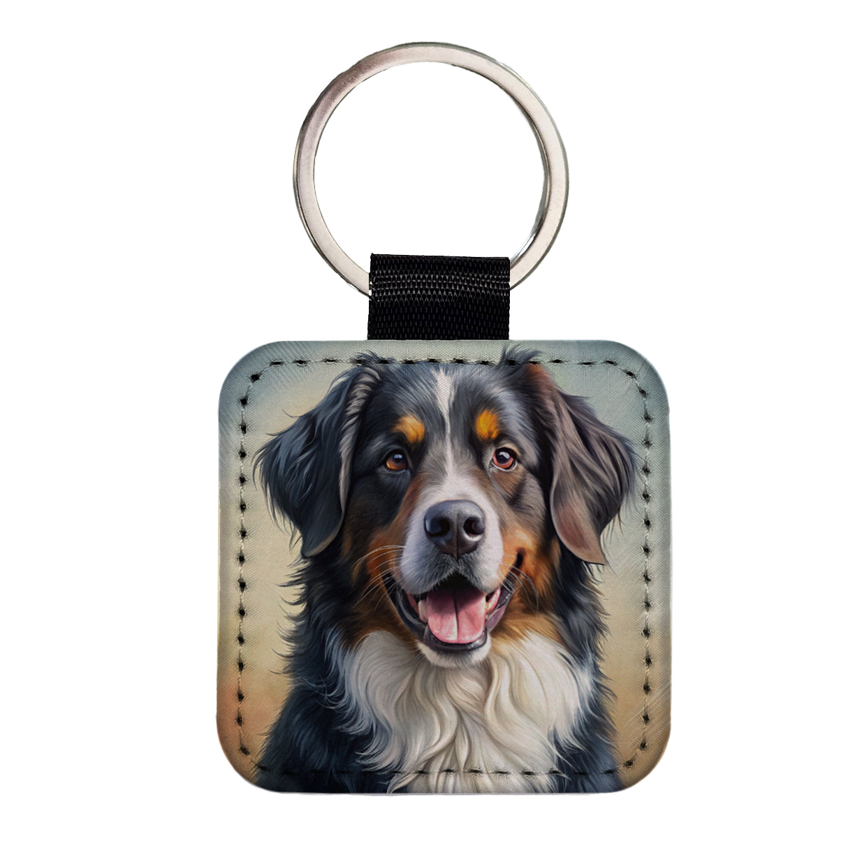 Bernese Mountain Dog Illustration Square Faux Leather Keychain