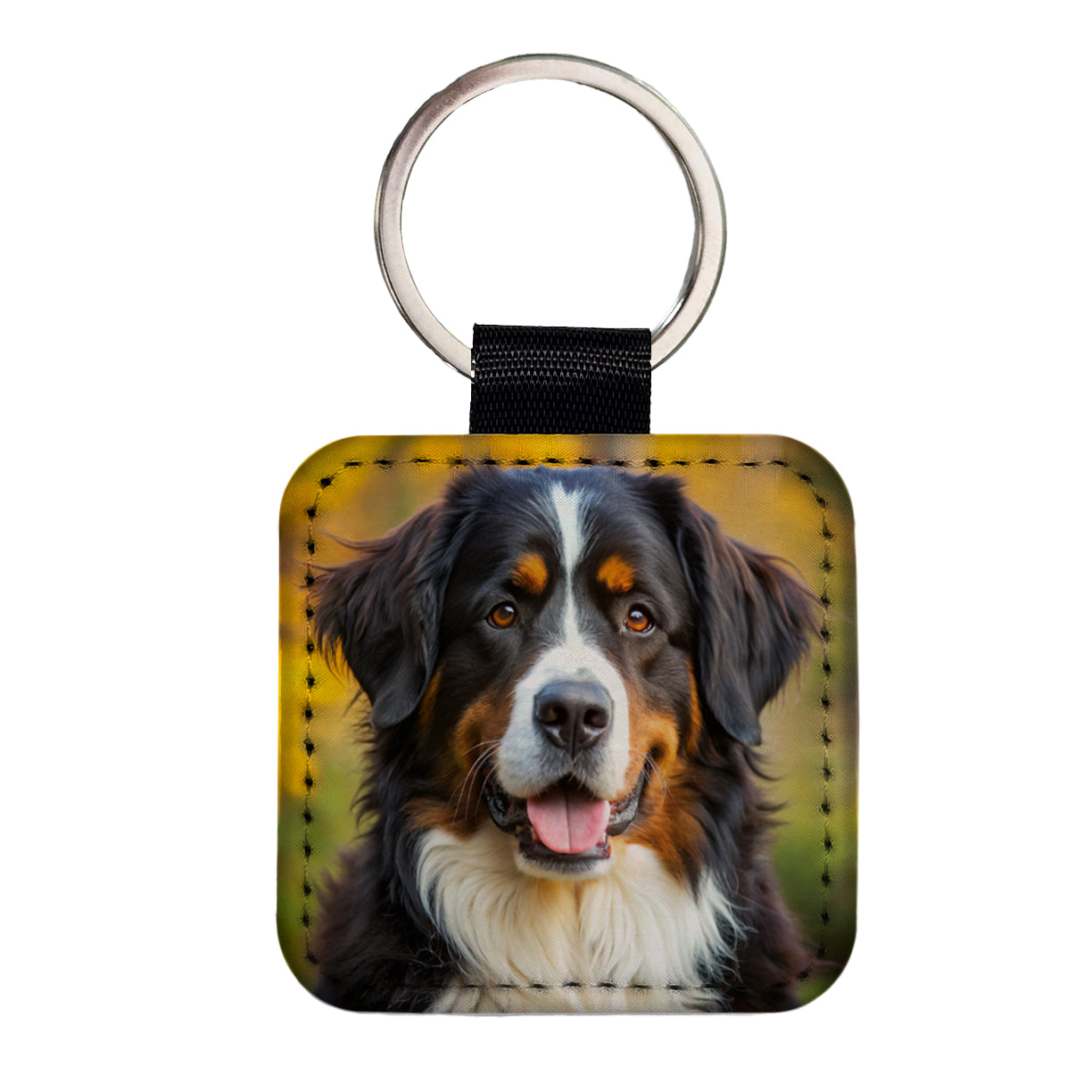 Bernese Mountain Dog Photo Square Faux Leather Keychain