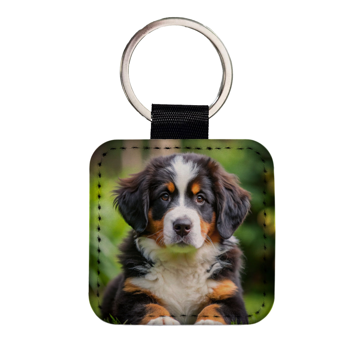 Bernese Mountain Dog Puppy Photo Square Faux Leather Keychain