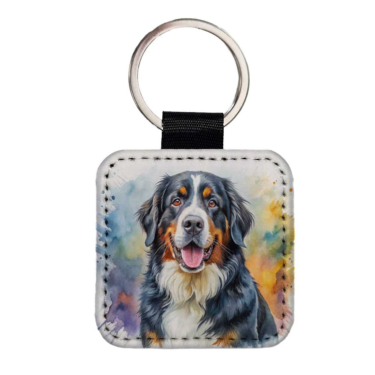Bernese Mountain Dog Watercolor Style Square Faux Leather Keychain