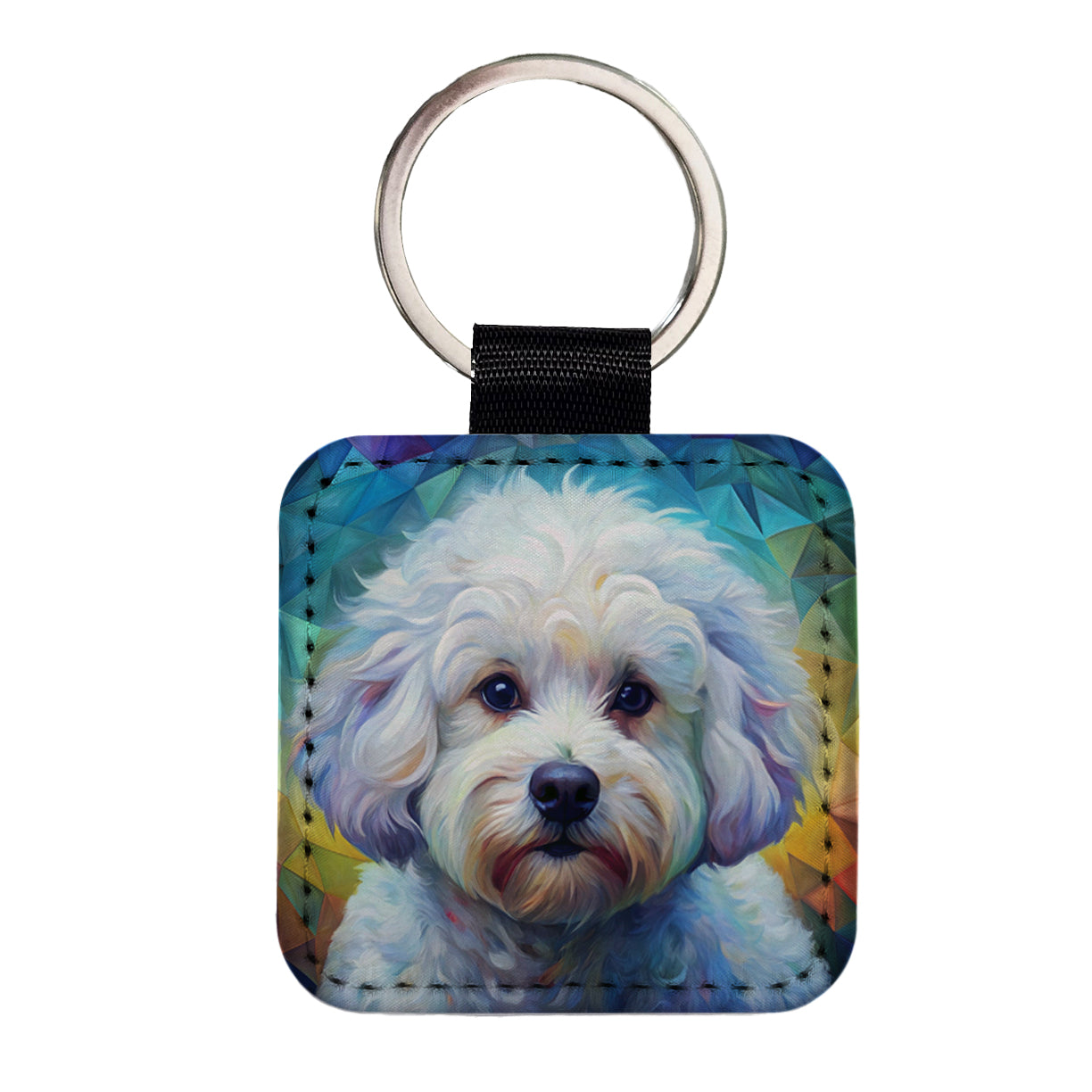 Bichon Frise Dog Abstract Art Square Faux Leather Keychain