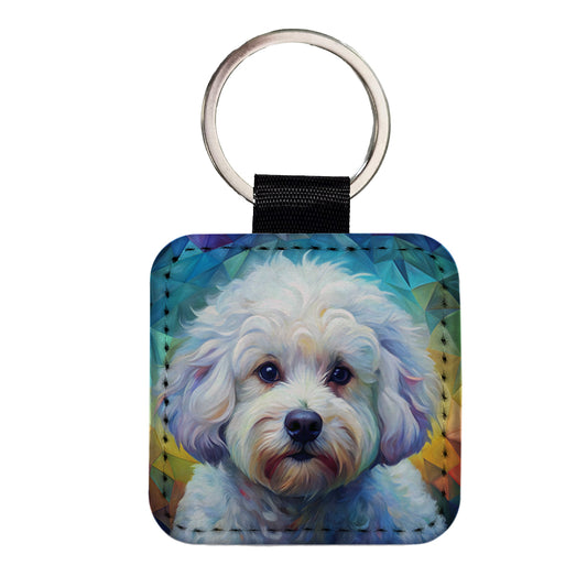 Bichon Frise Dog Abstract Art Square Faux Leather Keychain