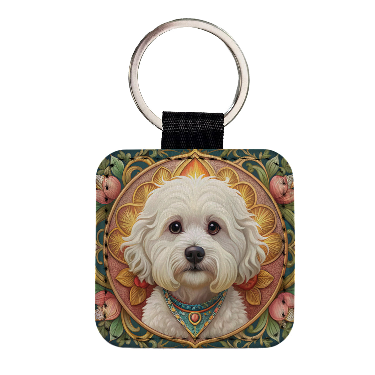 Bichon Frise Dog Art Nouveau Square Faux Leather Keychain