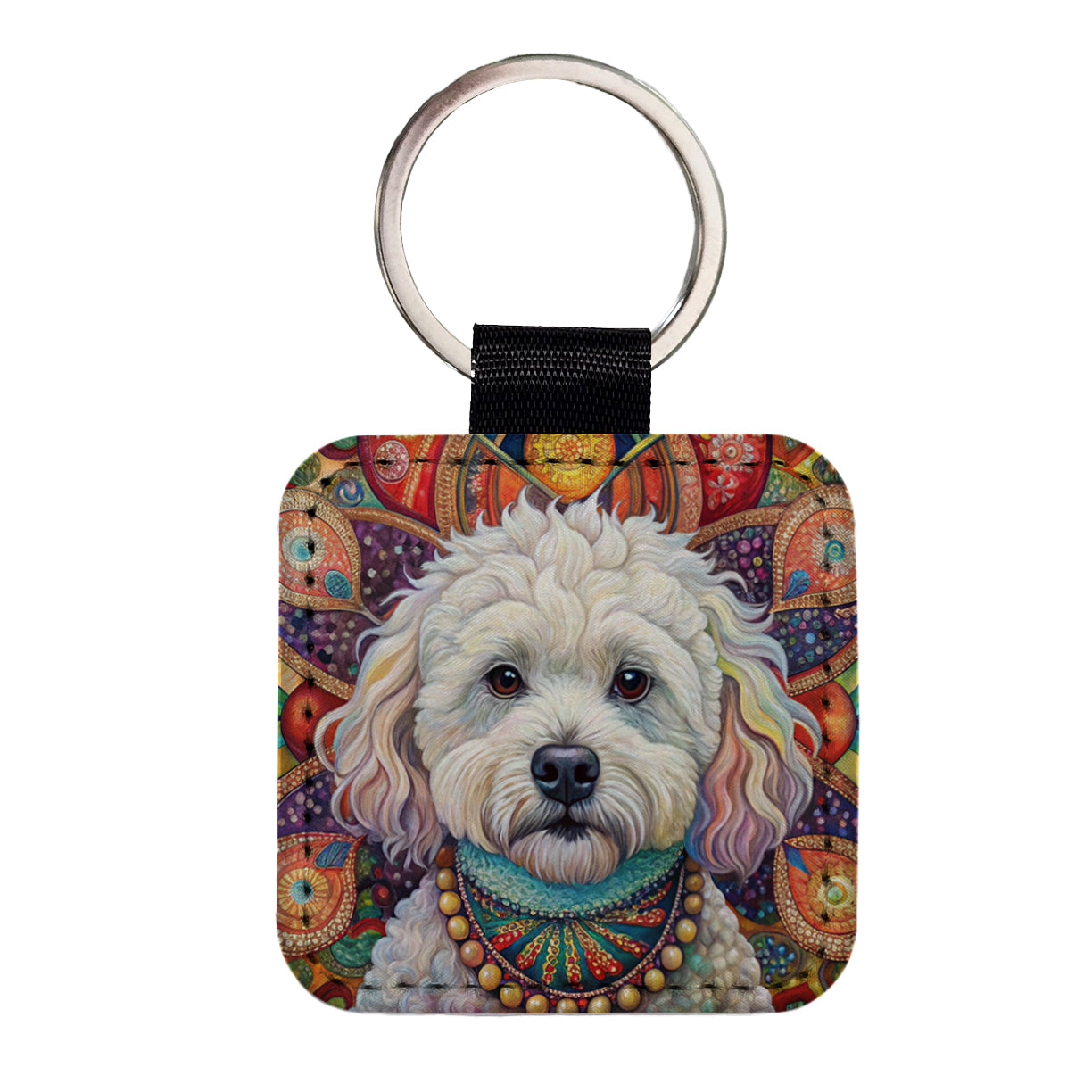 Bichon Frise Dog Bohemian Art Square Faux Leather Keychain
