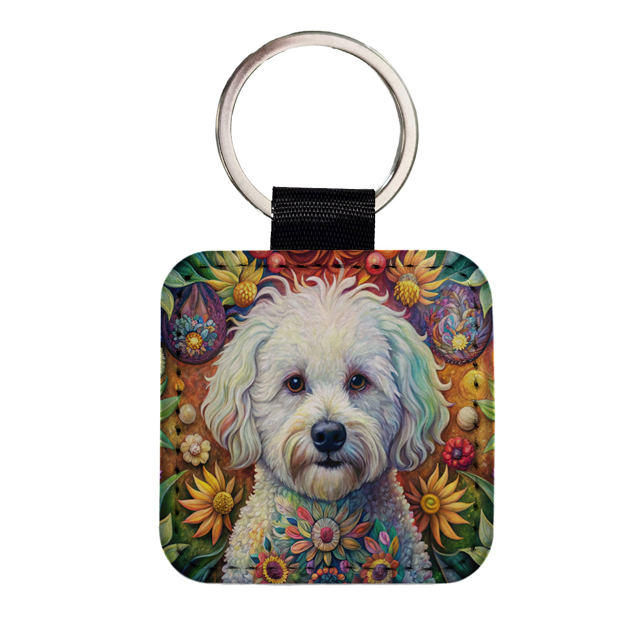 Bichon Frise Dog French Bohemian Art Square Faux Leather Keychain