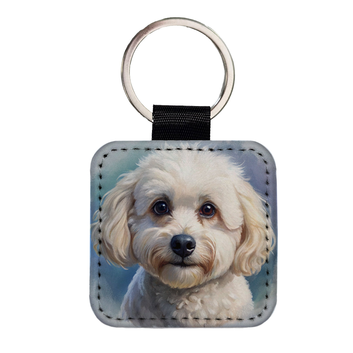 Bichon Frise Dog Illustration Square Faux Leather Keychain
