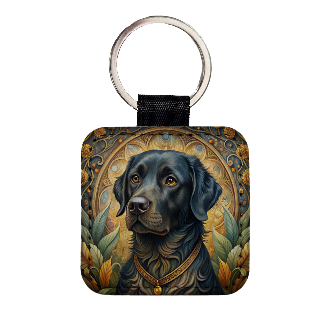Black Labrador Retriever Dog Art Nouveau Square Faux Leather Keychain