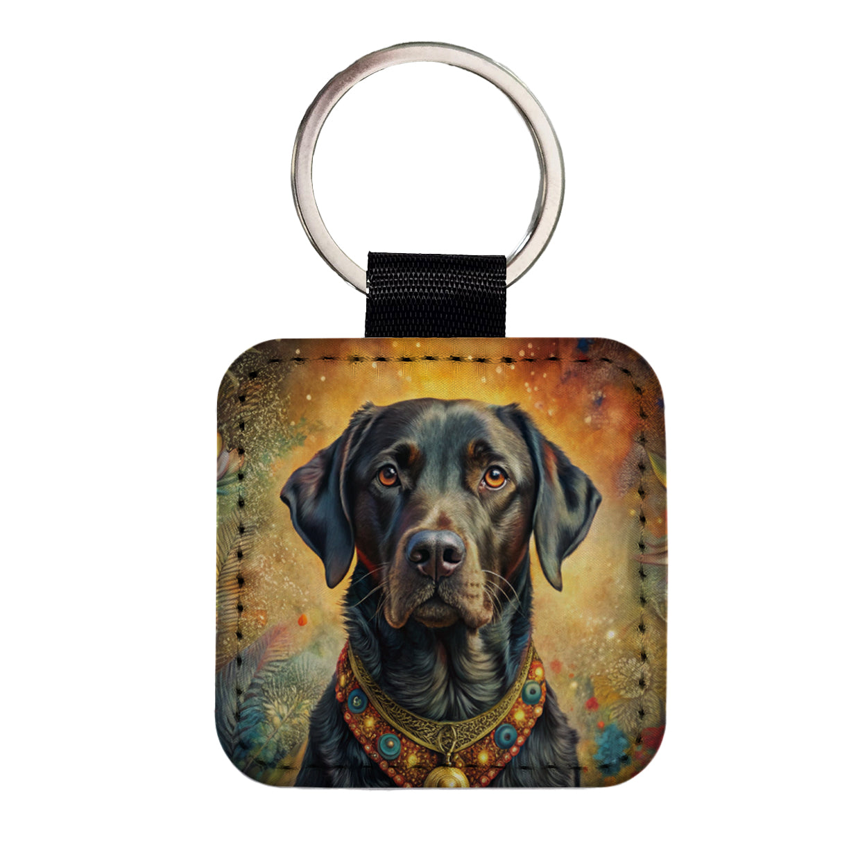 Black Labrador Retriever Dog Bohemian Art Square Faux Leather Keychain