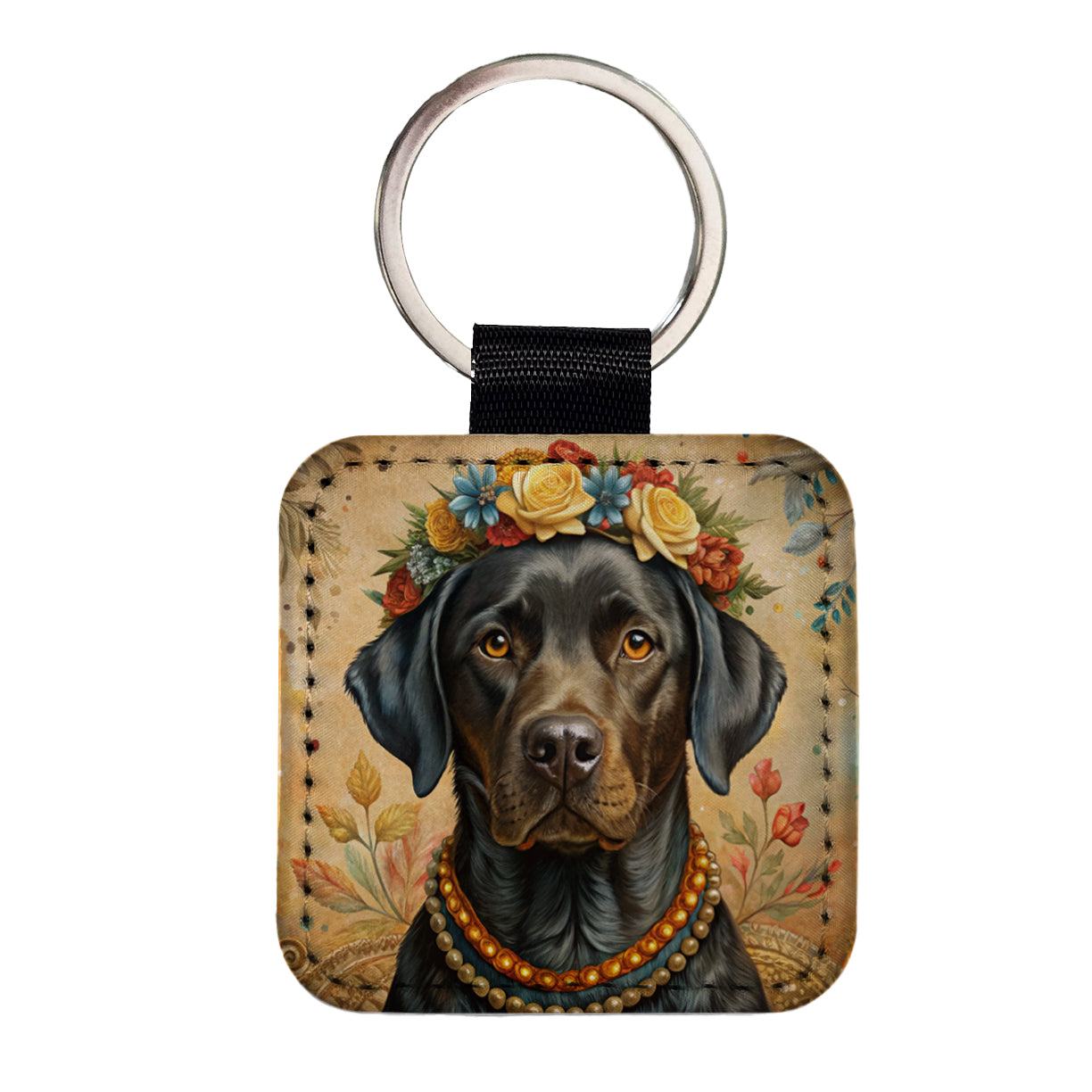 Black Labrador Retriever Dog French Bohemian Art Square Faux Leather Keychain