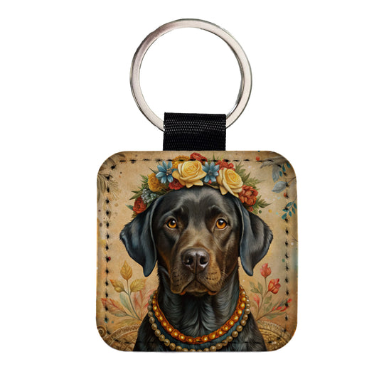 Black Labrador Retriever Dog French Bohemian Art Square Faux Leather Keychain