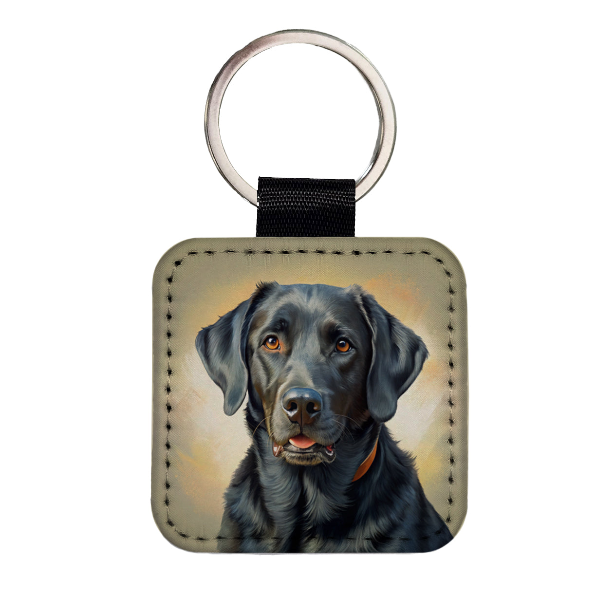 Black Labrador Retriever Dog Illustration Square Faux Leather Keychain