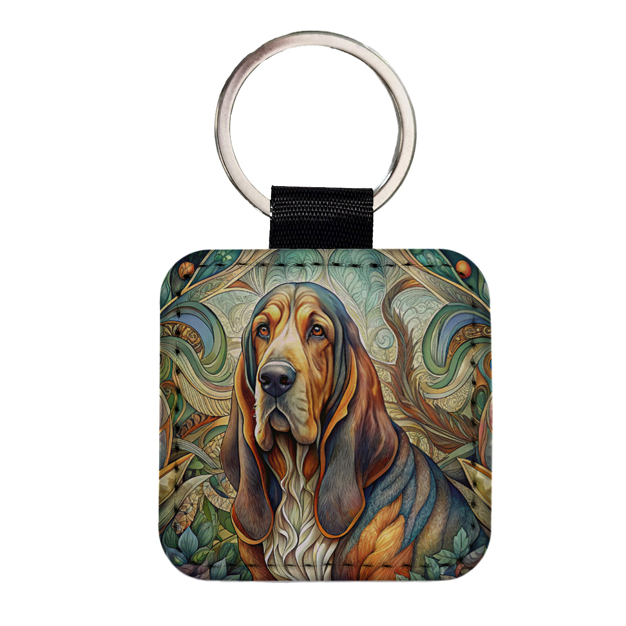 Bloodhound Dog Art Nouveau Square Faux Leather Keychain