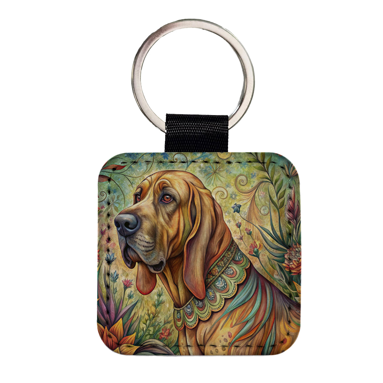 Bloodhound Dog French Bohemian Art Square Faux Leather Keychain