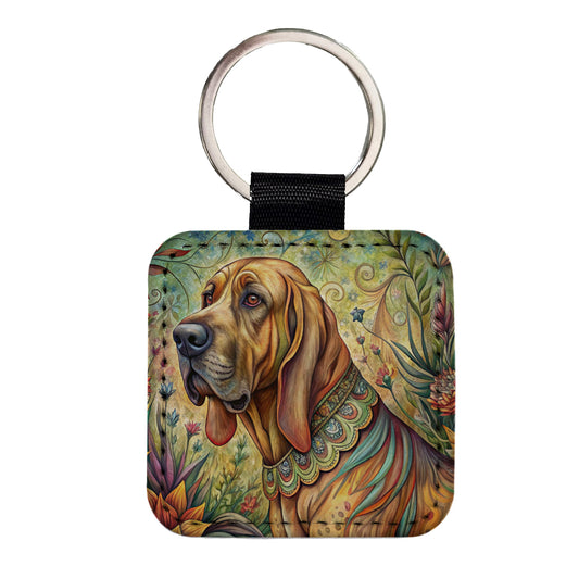 Bloodhound Dog French Bohemian Art Square Faux Leather Keychain