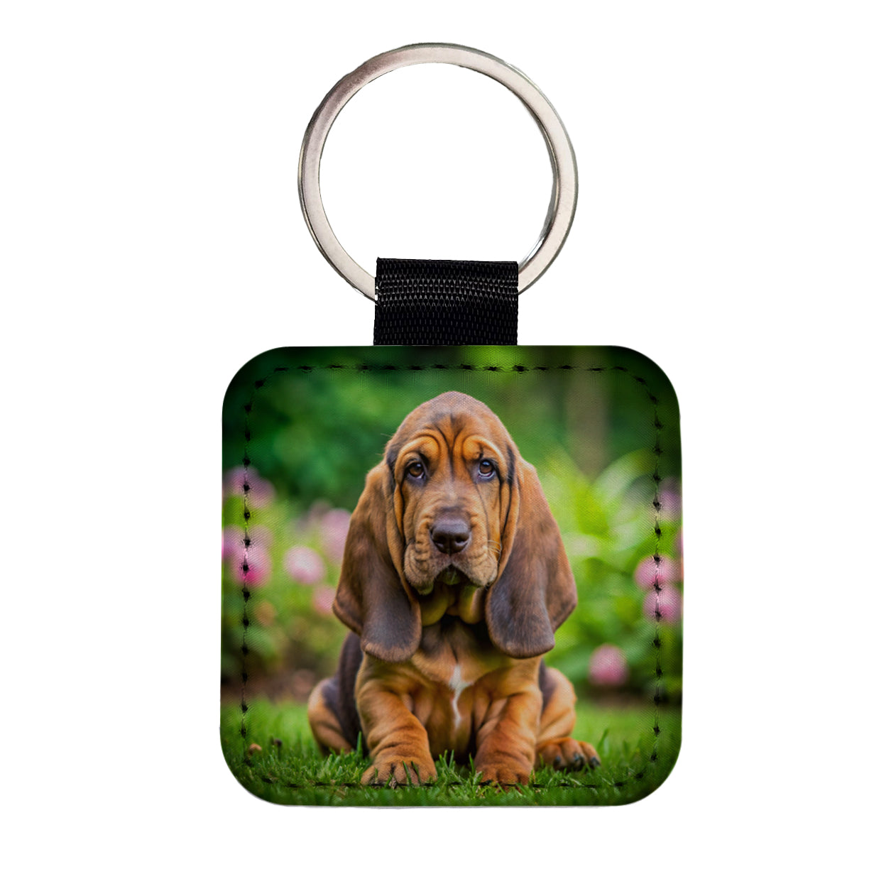 Bloodhound Dog Puppy Photo Square Faux Leather Keychain