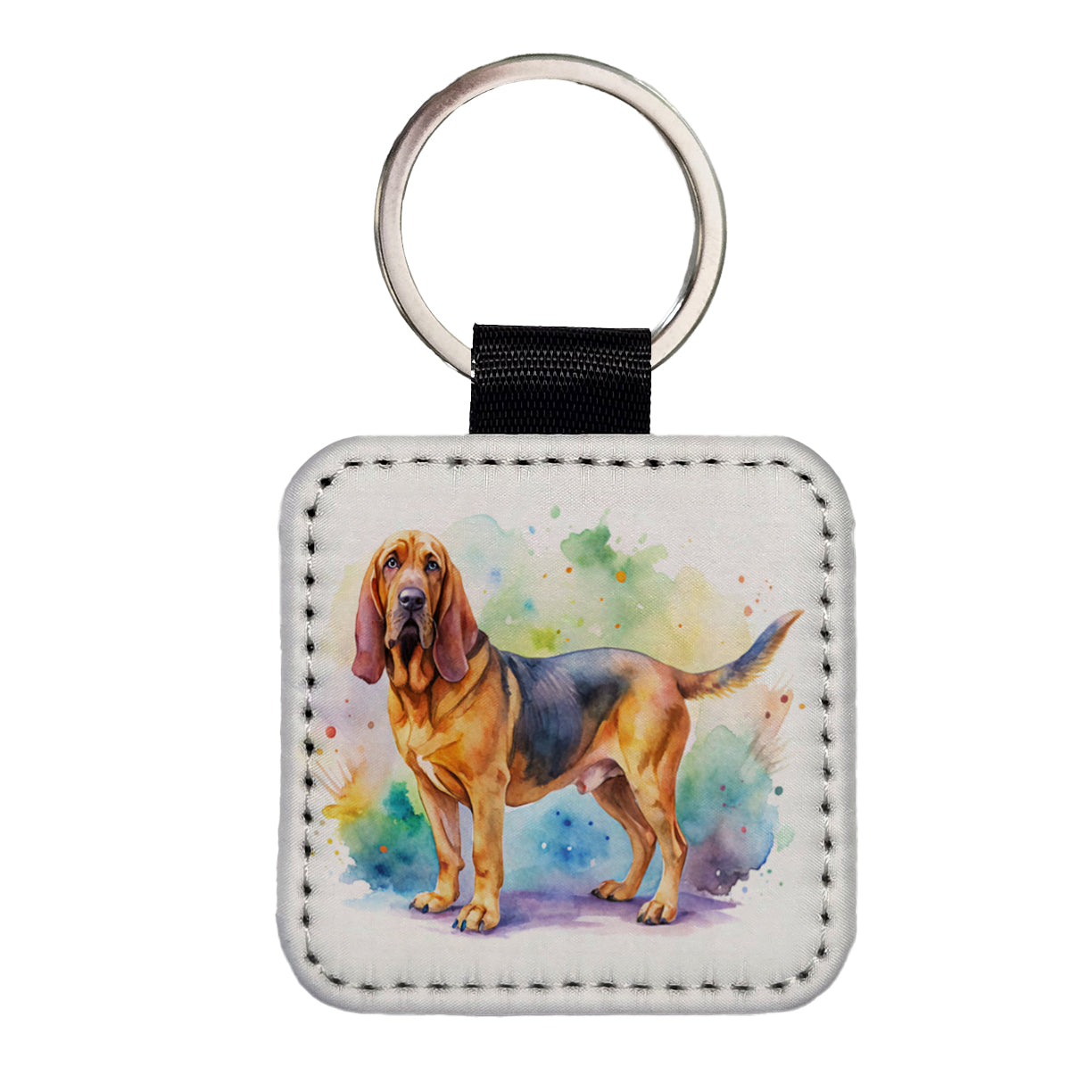 Bloodhound Dog Watercolor Style Square Faux Leather Keychain