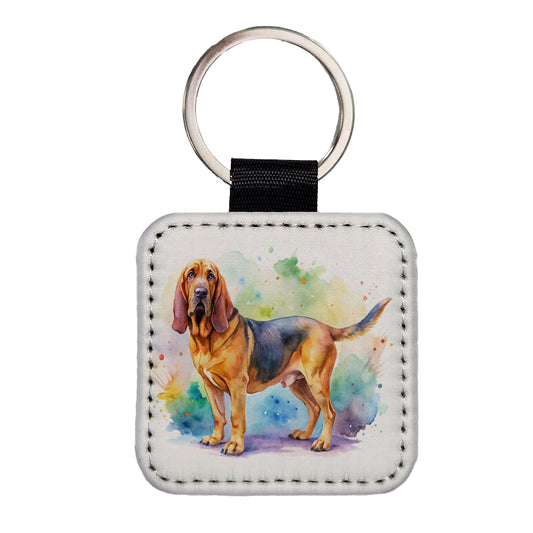 Bloodhound Dog Watercolor Style Square Faux Leather Keychain