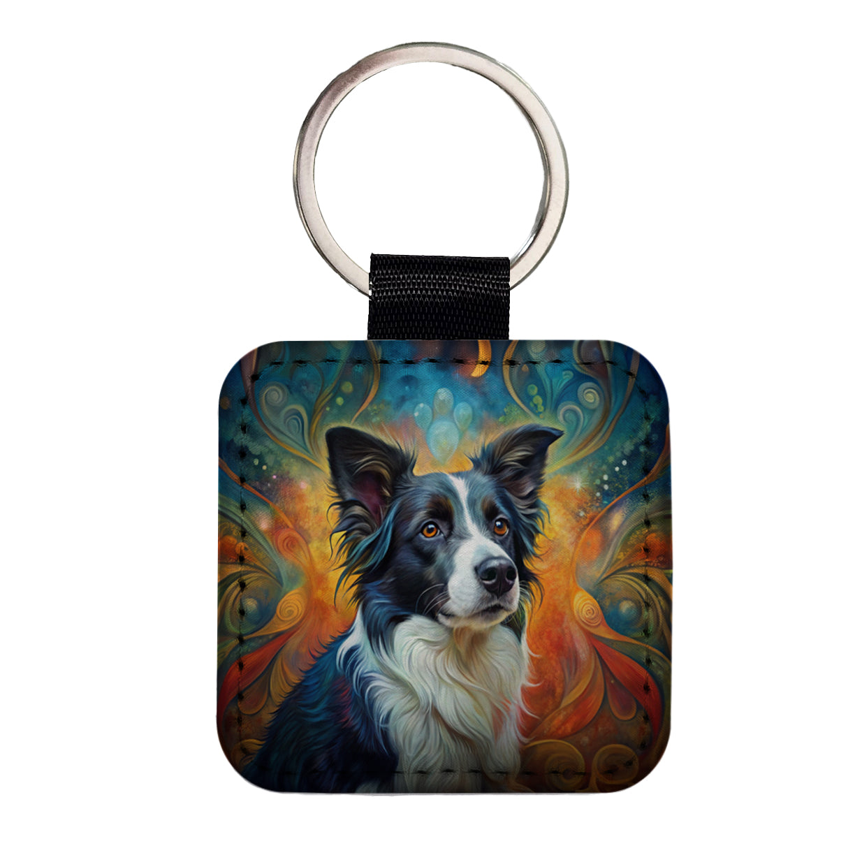 Border Collie Dog Abstract Art Square Faux Leather Keychain