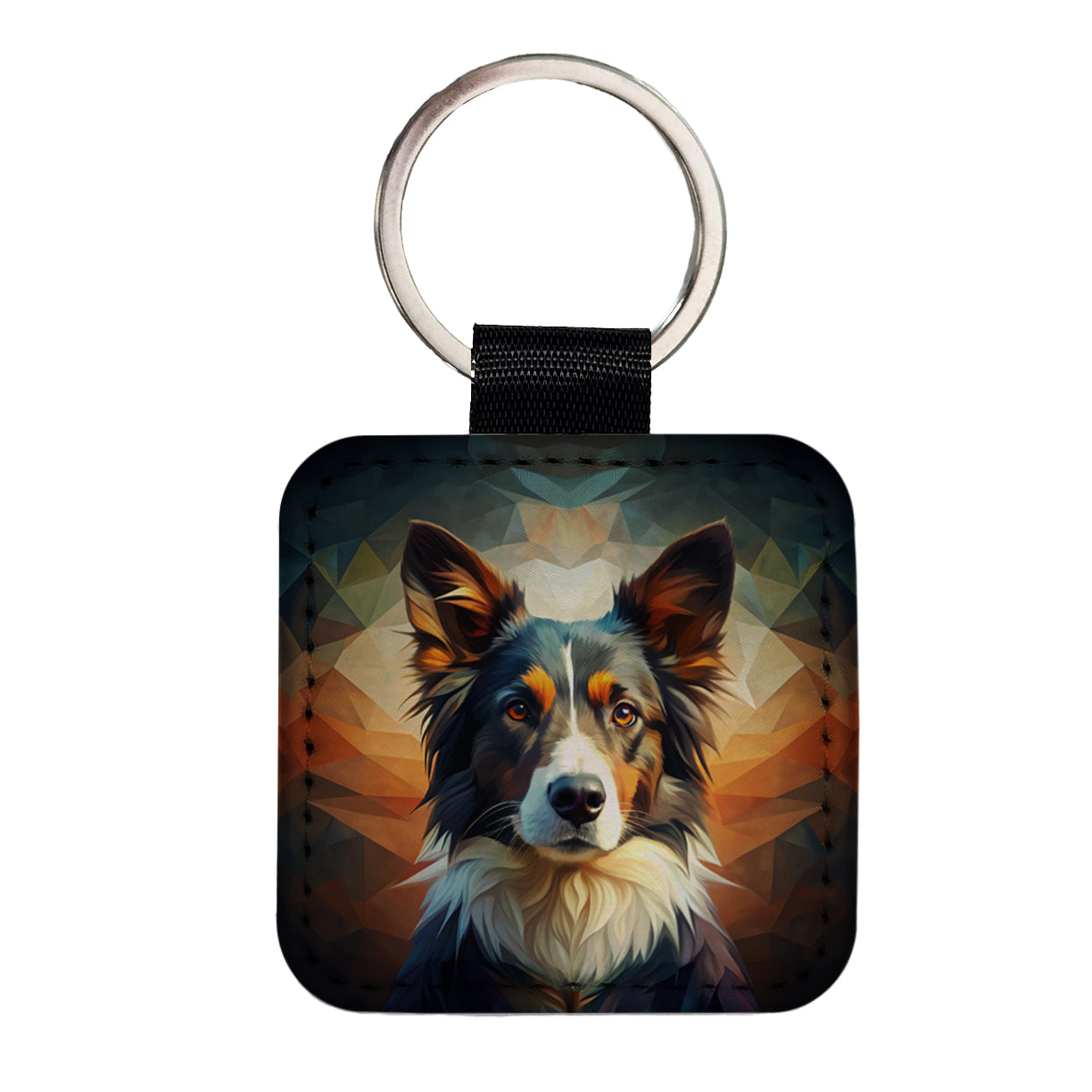 Border Collie Dog Abstract Stylized Art Square Faux Leather Keychain