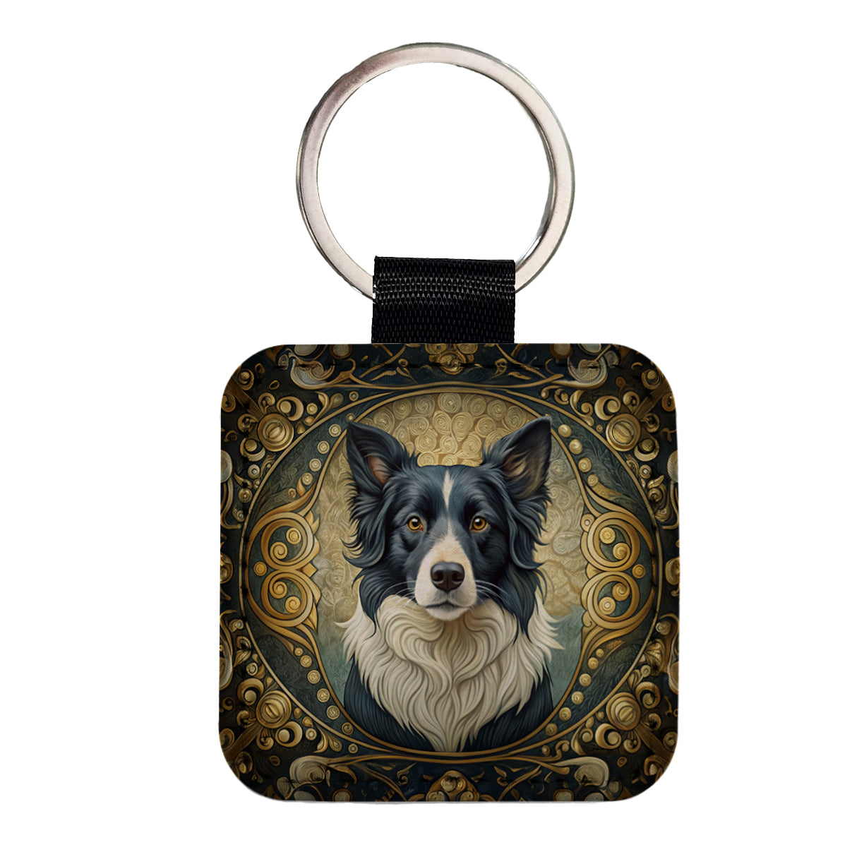 Border Collie Dog Art Nouveau Square Faux Leather Keychain