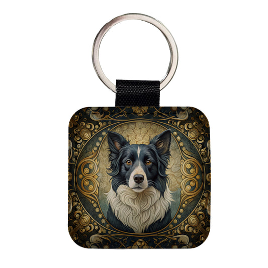 Border Collie Dog Art Nouveau Square Faux Leather Keychain