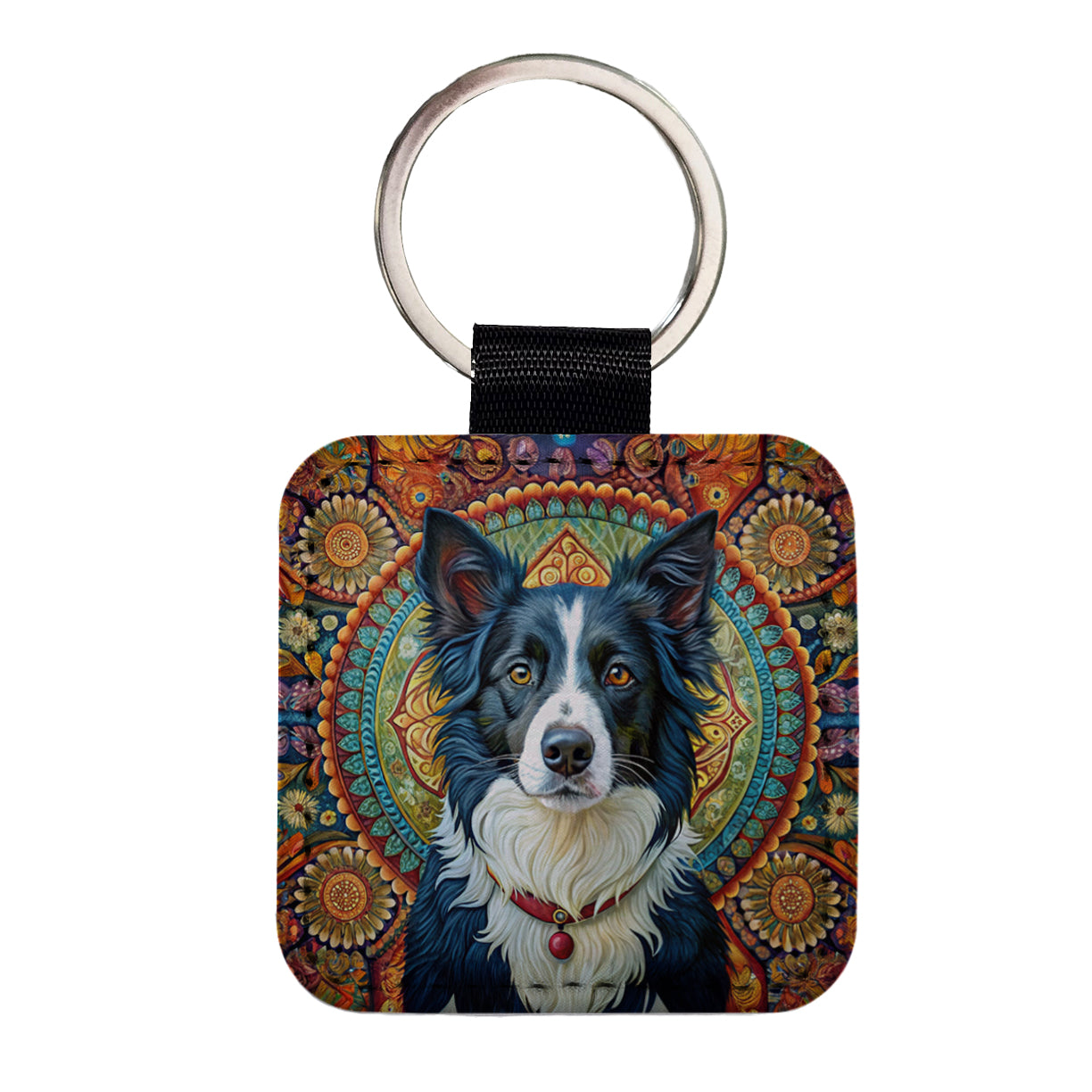Border Collie Dog Bohemian Art Square Faux Leather Keychain