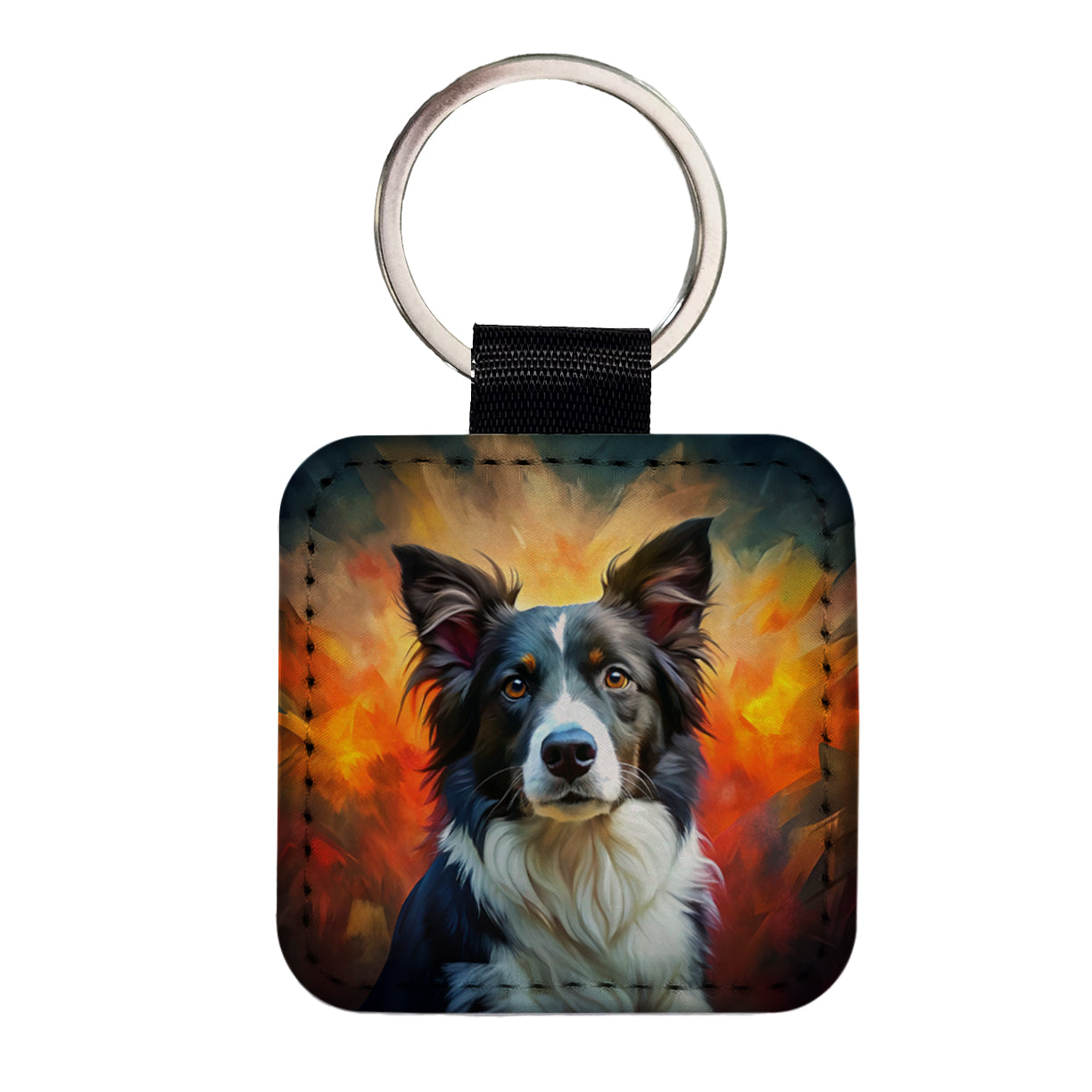 Border Collie Dog Expressionism Art Square Faux Leather Keychain