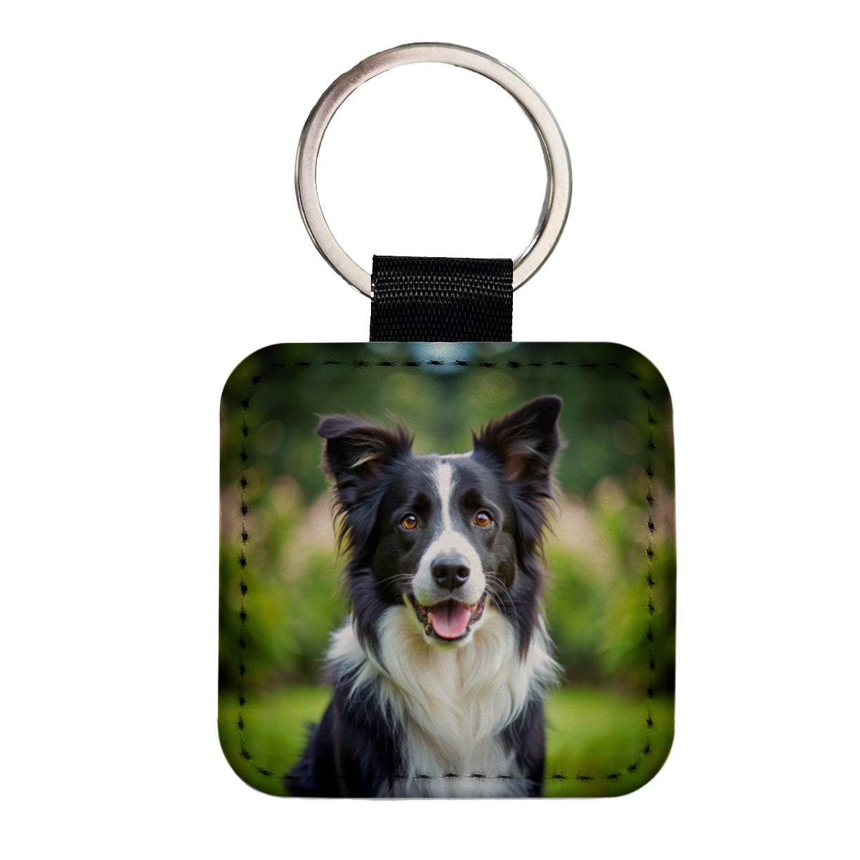 Border Collie Dog Photo Square Faux Leather Keychain