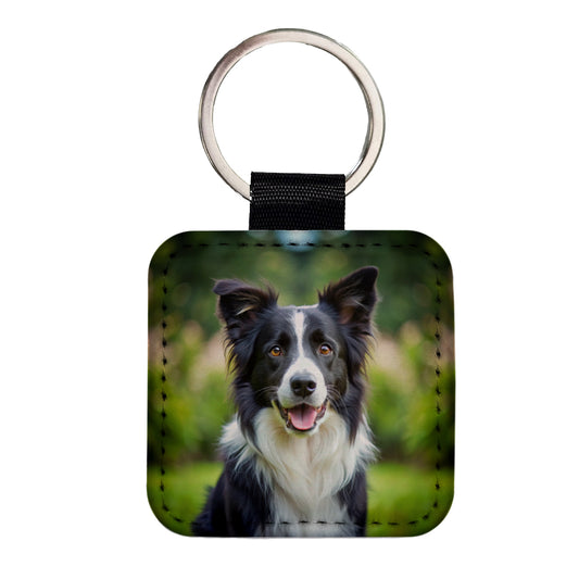 Border Collie Dog Photo Square Faux Leather Keychain