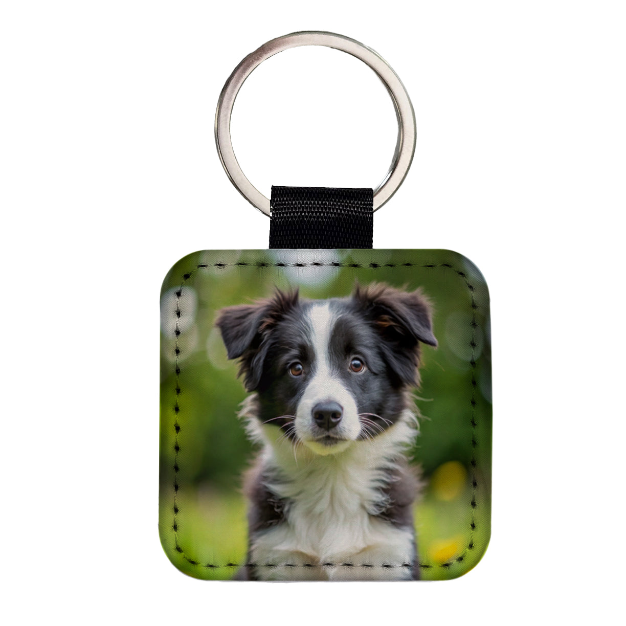 Border Collie Dog Puppy Photo Square Faux Leather Keychain