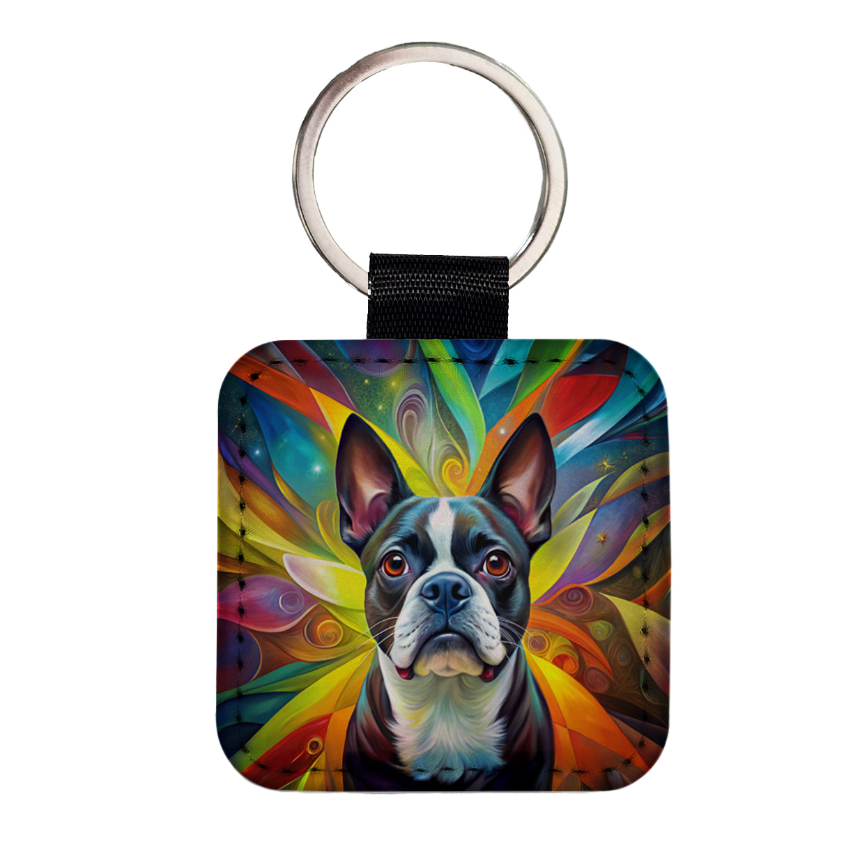 Boston Terrier Dog Abstract Art Square Faux Leather Keychain