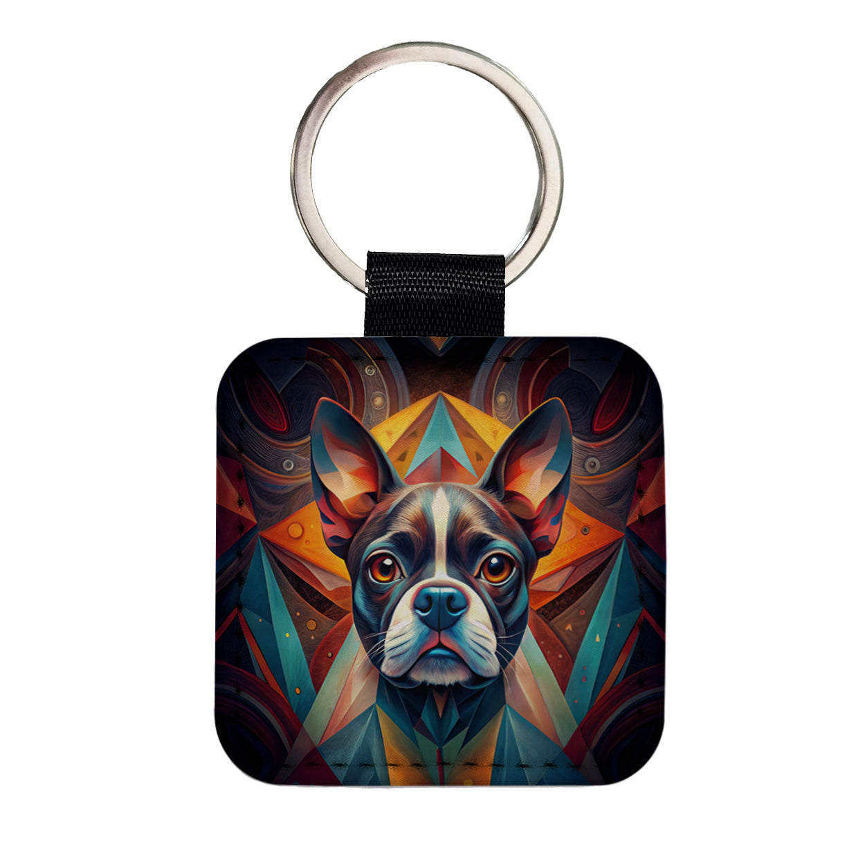 Boston Terrier Dog Abstract Stylized Art Square Faux Leather Keychain