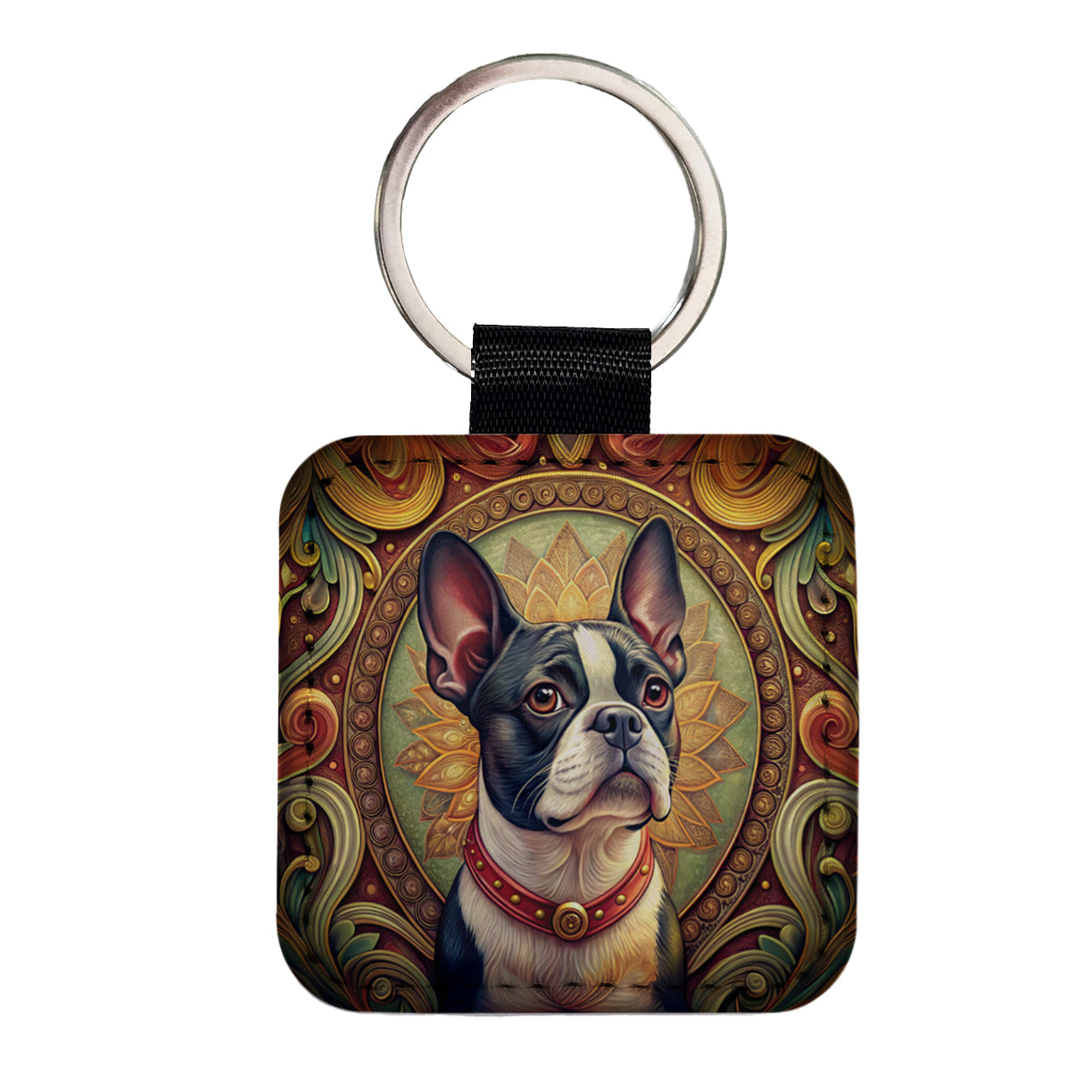 Boston Terrier Dog Art Nouveau Square Faux Leather Keychain
