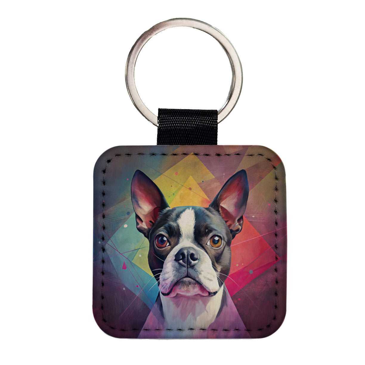 Boston Terrier Dog Contemporary Art Square Faux Leather Keychain