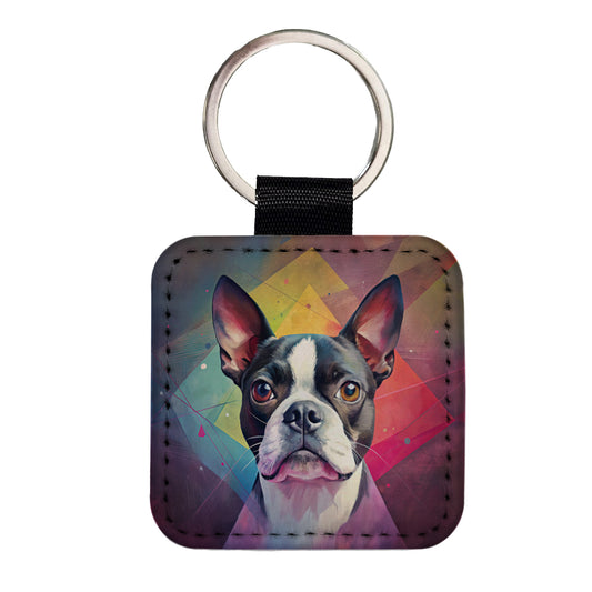 Boston Terrier Dog Contemporary Art Square Faux Leather Keychain