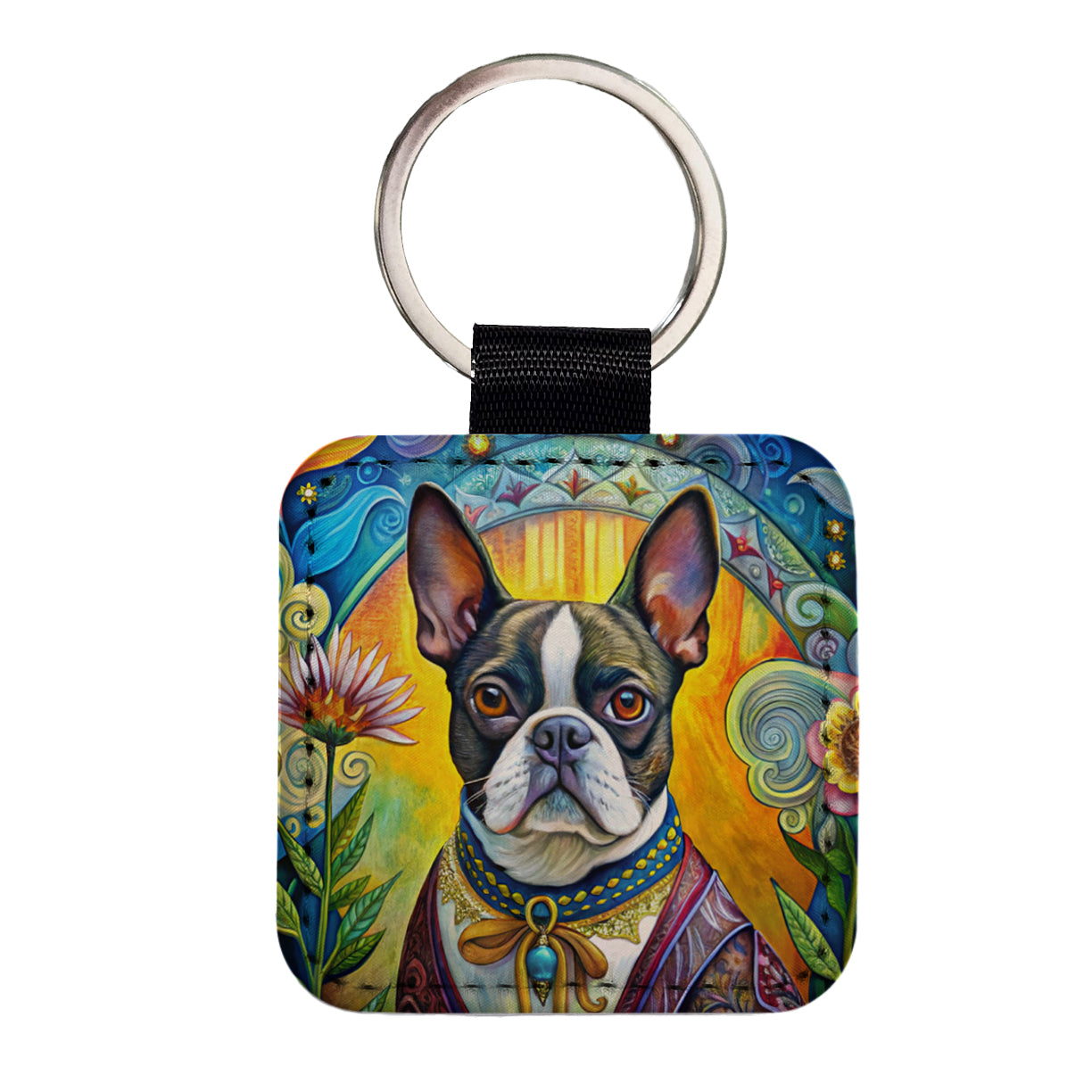 Boston Terrier Dog French Bohemian Art Square Faux Leather Keychain