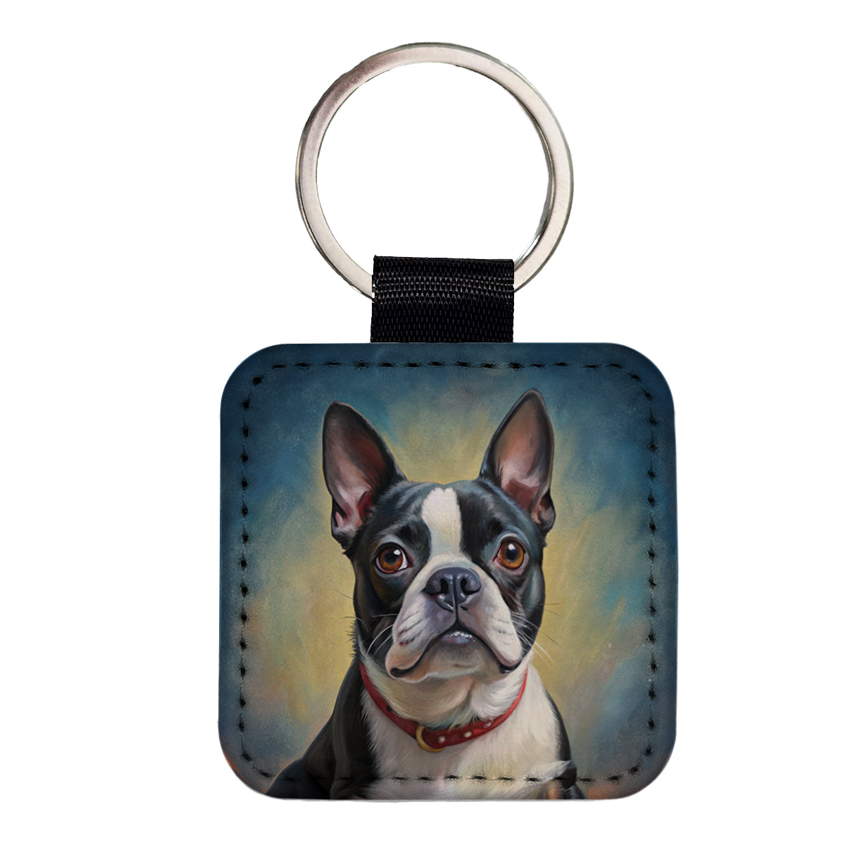 Boston Terrier Dog Illustration Square Faux Leather Keychain