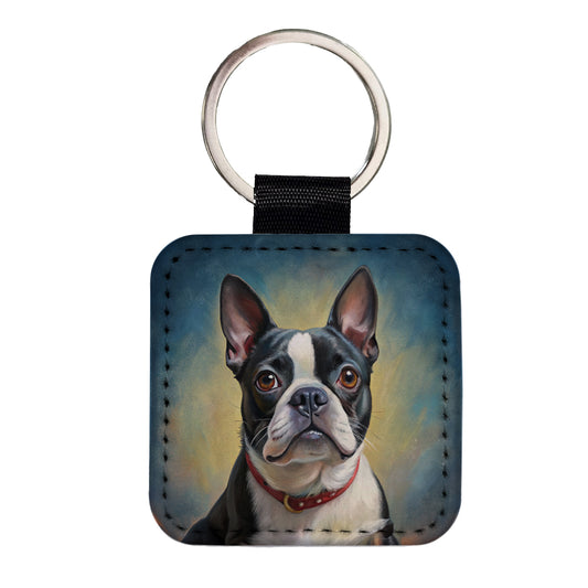 Boston Terrier Dog Illustration Square Faux Leather Keychain