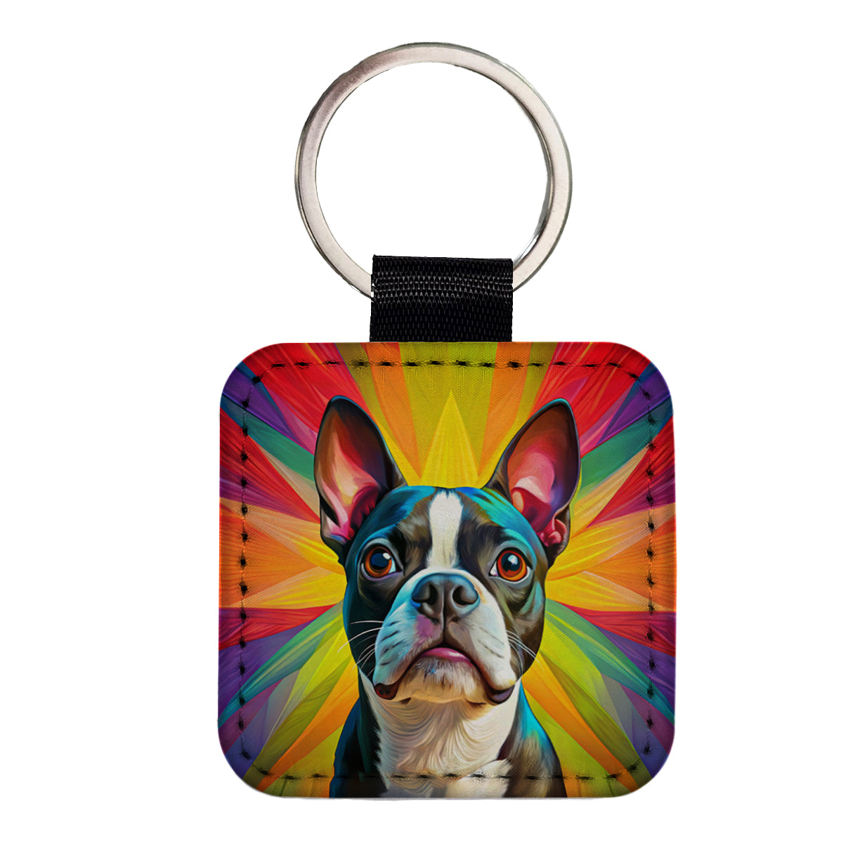 Boston Terrier Dog Pop Art Square Faux Leather Keychain
