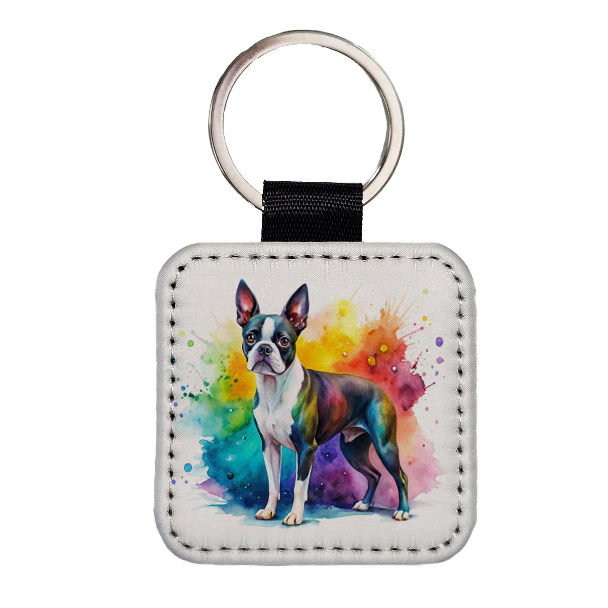 Boston Terrier Dog Watercolor Style Square Faux Leather Keychain