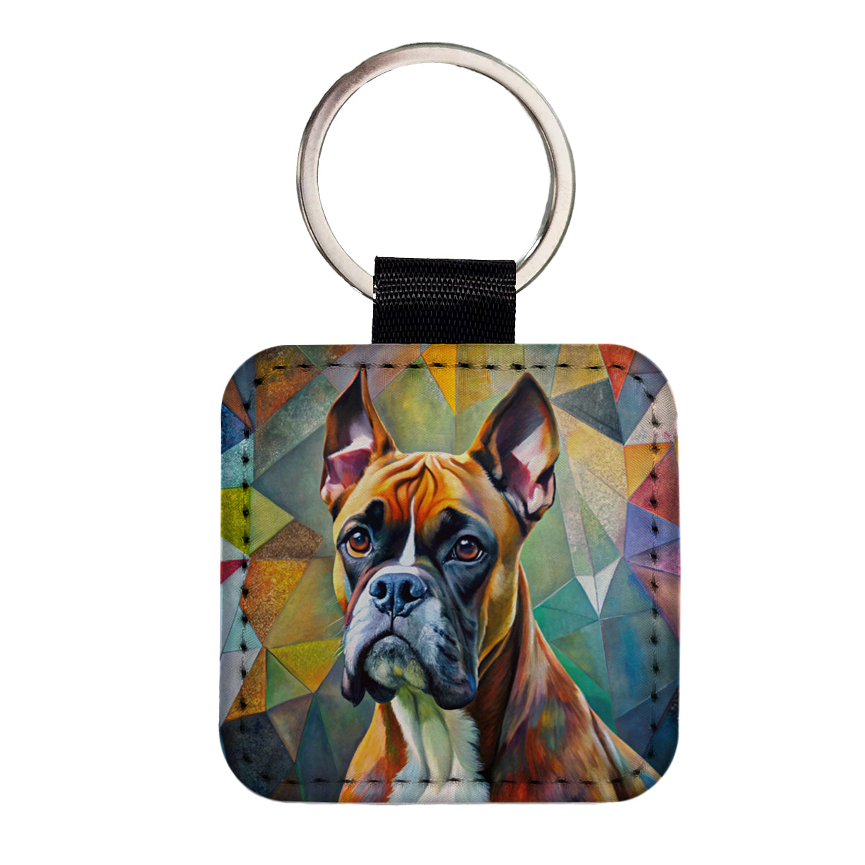 Boxer Dog Abstract Art Square Faux Leather Keychain