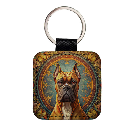 Boxer Dog Art Nouveau Square Faux Leather Keychain
