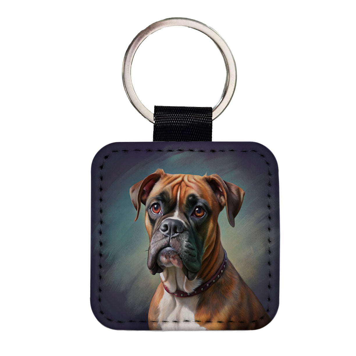 Boxer Dog Illustration Square Faux Leather Keychain