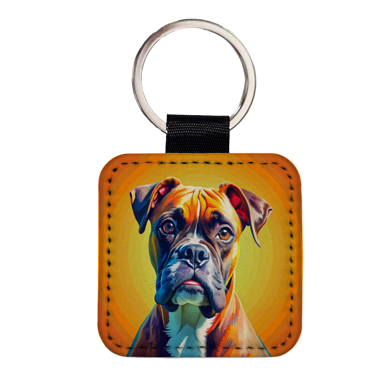 Boxer Dog Pop Art Square Faux Leather Keychain