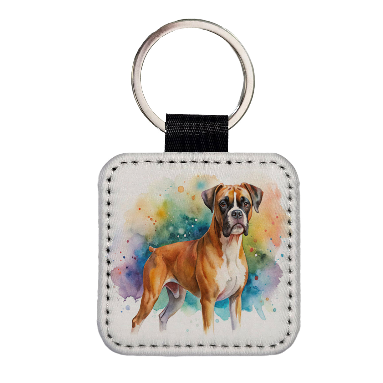 Boxer Dog Watercolor Style Square Faux Leather Keychain