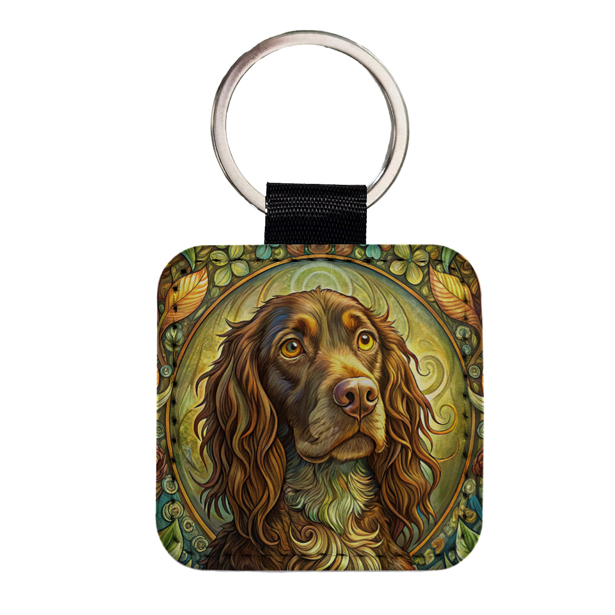 Boykin Spaniel Dog Art Nouveau Square Faux Leather Keychain