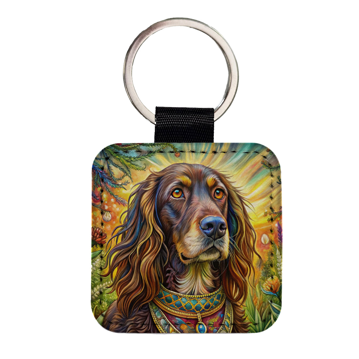 Boykin Spaniel Dog Bohemian Art Square Faux Leather Keychain